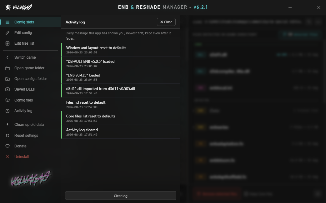 The activity log panel open beside the expanded sidebar, listing timestamped messages newest first.