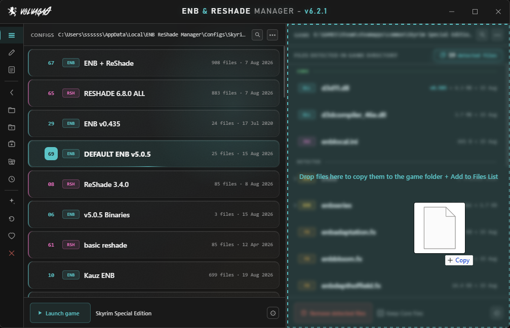 A file being dragged over the game folder panel, which is outlined and reading 'Drop files here to copy them to the game folder + Add to Files List'.