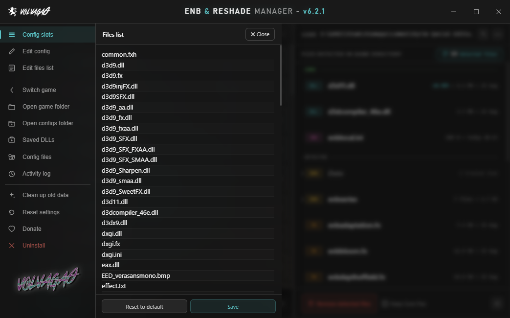 The Files list panel, showing the tracked filenames the app manages, with Reset to default and Save buttons underneath.