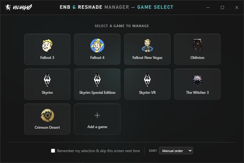 The game picker, showing detected games as tiles plus an Add a game option.