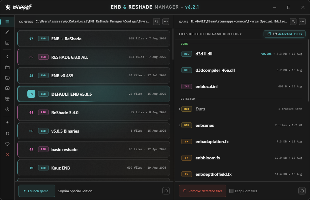 The manager window: saved config slots down the left, a live list of everything found in the game folder down the right.
